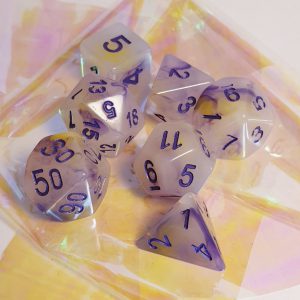 Purple yellow opal effect dungeons and dragons polyhedral dice set