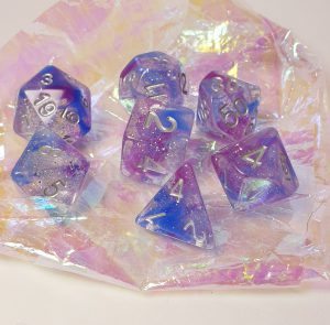 Purple blue and silver glitter dungeons and dragons polyhedral dice set