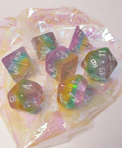 Glitter rainbow polyhedral dungeons and dragons dice set