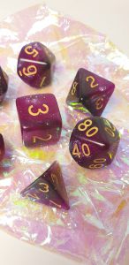 Purple and black nebula galaxy effect polyhedral dungeons and dragons dice set