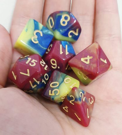 Red blue yellow marble polyhedral dungeons and dragons dice set
