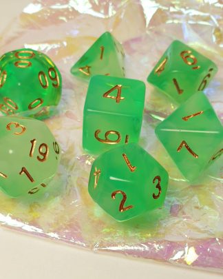 Bright green polyhedral dungeons and dragons dice set
