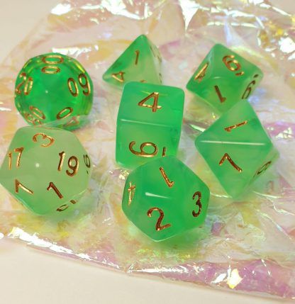 Bright green polyhedral dungeons and dragons dice set