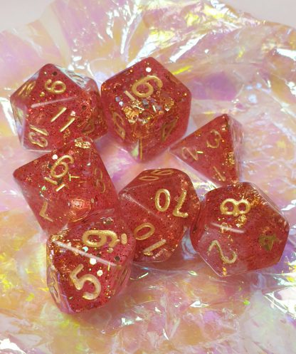 Handmade polyhedral dungeons and dragons dice set in red with glitter