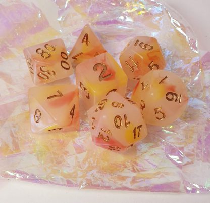 Caleb red yellow opal effect dungeons and dragons polyhedral dice set