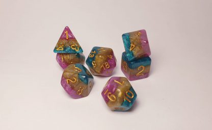 Mollymauk purple teal gold dungeons and dragons polyhedral dice set