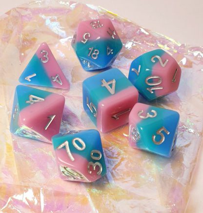 Pink teal blue rainbow dungeons and dragons polyhedral dice set