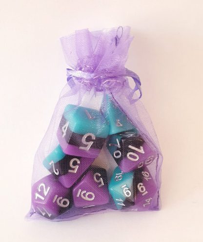purple and aqua dungeons and dragons polyhedral dice set
