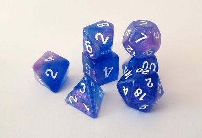 Blue and pink nebula galaxy effect dungeons and dragons polyhedral dice set