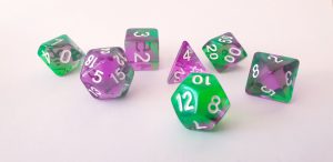 Purple and green dungeons and dragons polyhedral dice set