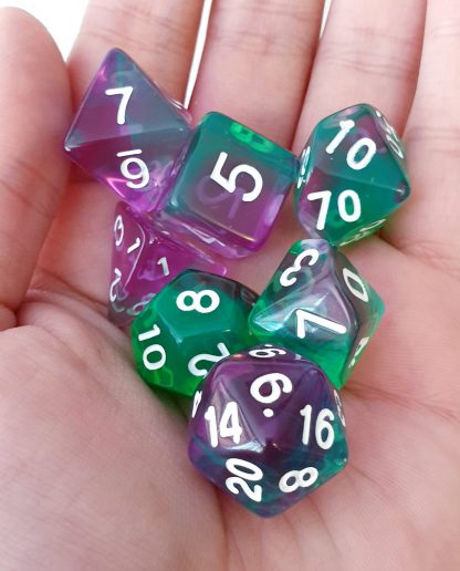 Purple and green dungeons and dragons polyhedral dice set