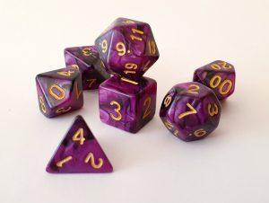 Purple and black marble effect dungeons and dragons polyhedral dice set