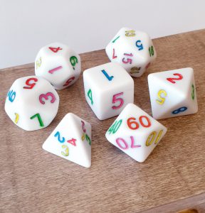 White with rainbow numbers dungeons and dragons polyhedral dice set