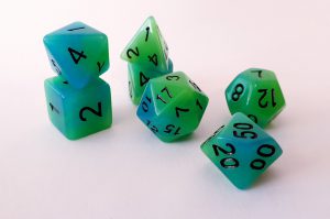 Glow in the dark green blue dungeons and dragons polyhedral dice set