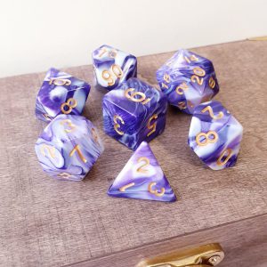 Purple and white marble effect dungeons and dragons polyhedral dice set