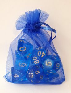 Blue and gold polyhedral dungeons and dragons dice set