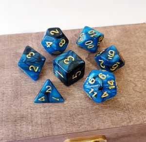 Blue and black marble effect dungeons and dragons polyhedral dice set