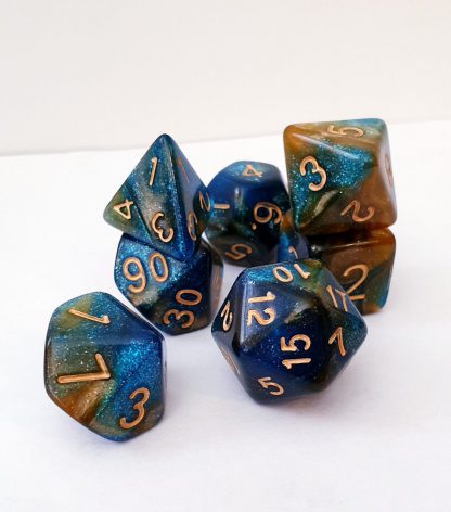 Blue and gold nebula galaxy effect dungeons and dragons polyhedral dice set