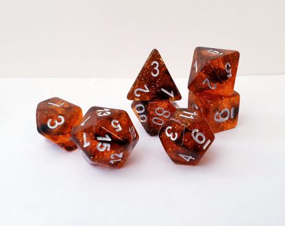 Orange and glitter dungeons and dragons polyhedral dice set