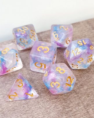 Pink and blue iridescent dungeons and dragons polyhedral dice set