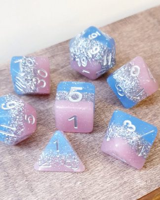 Pink, blue and silver glitter dungeons and dragons polyhedral dice set