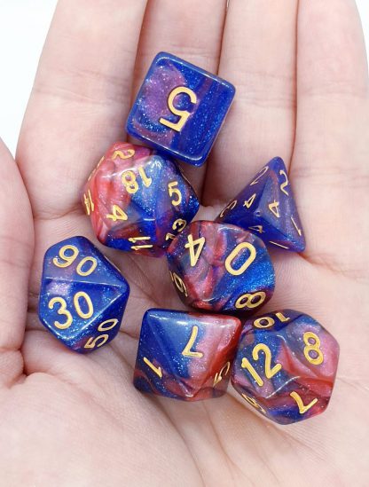Blue and red nebula galaxy effect dungeons and dragons polyhedral dice set
