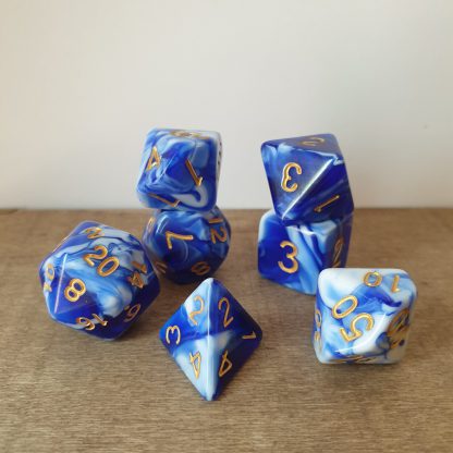 Minton's Willow blue and white marble effect polyhedral dungeons and dragons dice set
