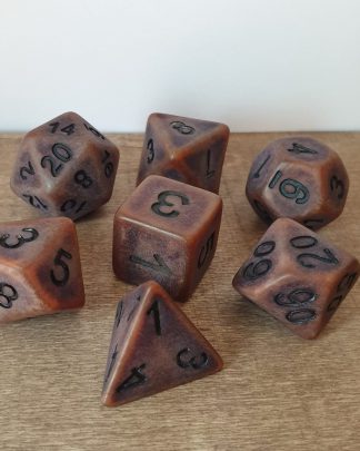 Artificer worn bronze effect polyhedral dungeons and dragons dice set