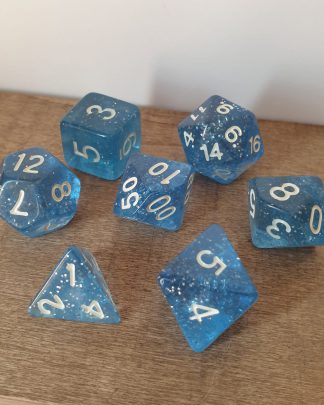 Feather Fall blue and silver glitter polyhedral dungeons and dragons dice set