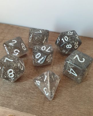 Wind Walk grey and silver glitter polyhedral dungeons and dragons dice set
