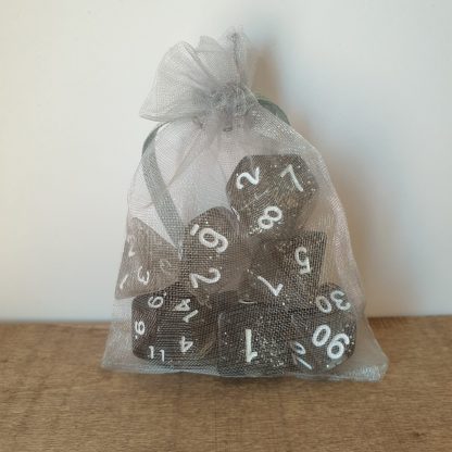Wind Walk grey and silver glitter polyhedral dungeons and dragons dice set