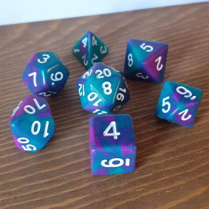 Bermuda II teal and magenta swirled polyhedral dungeons and dragons dice set