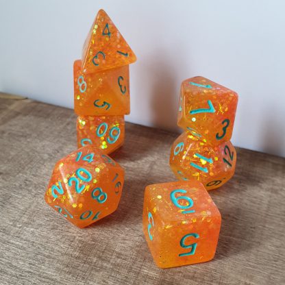 Neon Lights neon orange and glitter handmade polyhedral dungeons and dragons dice set