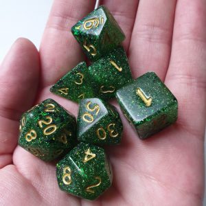 Woodland Sprite green and iridescent glitter handmade polyhedral dungeons and dragons dice set