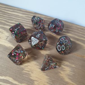 Firework grey resin with rainbow foil glitter polyhedral dungeons and dragons dice set