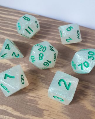 Green Opal iridescent resin with emerald numbers polyhedral dungeons and dragons dice set