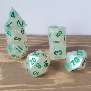 Green Opal iridescent resin with emerald numbers polyhedral dungeons and dragons dice set