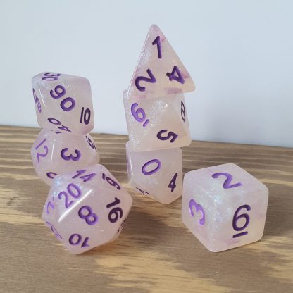 Purple Opal iridescent resin with violet numbers polyhedral dungeons and dragons dice set
