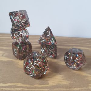 Firework grey resin with rainbow foil glitter polyhedral dungeons and dragons dice set