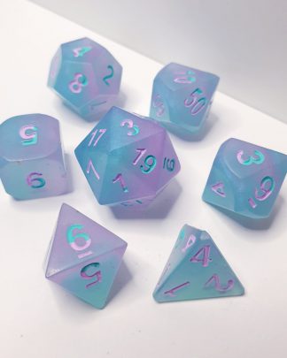 Venus purple and teal iridescent sharp edge handmade polyhedral dungeons and dragons dice set