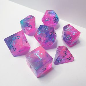 Electric Dreams neon pink and blue with iridescent inclusions sharp edge handmade polyhedral dungeons and dragons dice set