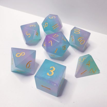 Afternoon Sun purple and teal iridescent sharp edge handmade polyhedral dungeons and dragons dice set