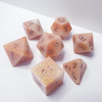 Precious stones orange and white glitter sharp edge handmade polyhedral dungeons and dragons dice set