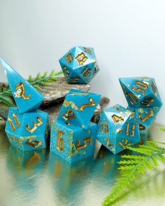 Turquoise resin and gold foil sharp edge handmade polyhedral dungeons and dragons dice set