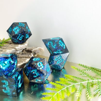 Opaque black with glitter and iridescent inclusions sharp edge handmade polyhedral dungeons and dragons dice set