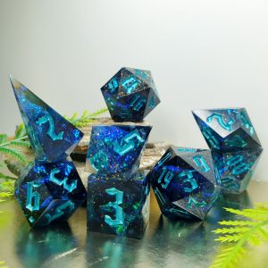 Opaque black with glitter and iridescent inclusions sharp edge handmade polyhedral dungeons and dragons dice set