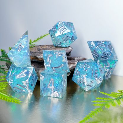 Blue with silver foil and iridescent inclusions sharp edge handmade polyhedral dungeons and dragons dice set