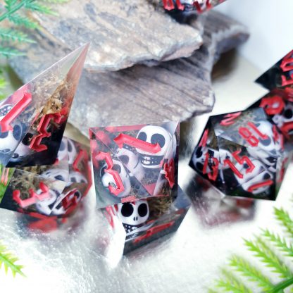 Black moss filled resin and clear resin with skull inclusions sharp edge handmade polyhedral dungeons and dragons dice set