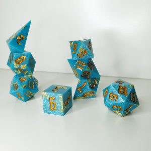 Turquoise resin and gold foil sharp edge handmade polyhedral dungeons and dragons dice set